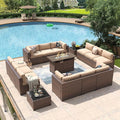 Aoxun 15 Piece Patio Furniture Set with 44” Fire Pit Table Wicker Rattan Outdoor Sectional Sofa Set with Coffee Table and Thickened Cushions, Beige (Waterproof Cover Included)