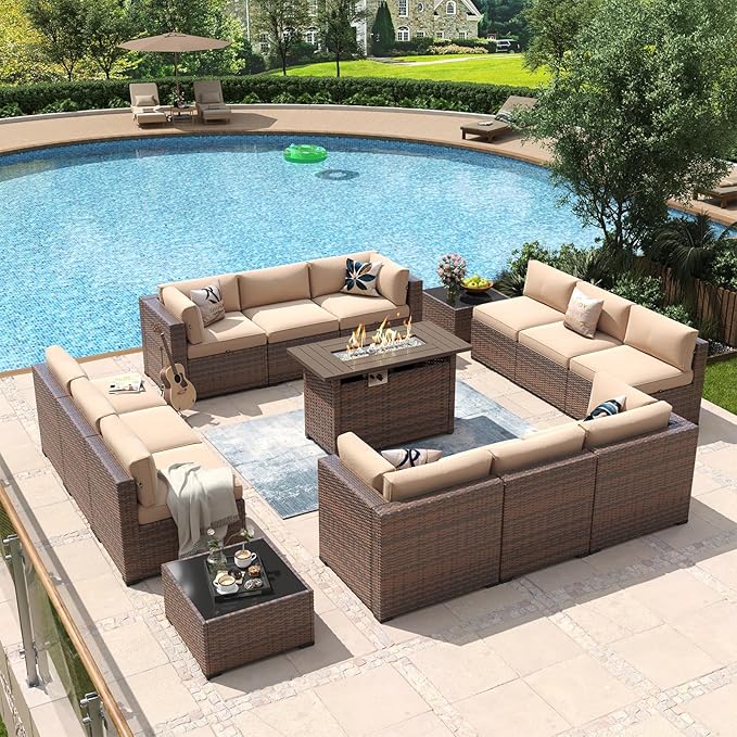 Aoxun 15 Piece Patio Furniture Set with 44” Fire Pit Table Wicker Rattan Outdoor Sectional Sofa Set with Coffee Table and Thickened Cushions, Beige (Waterproof Cover Included)