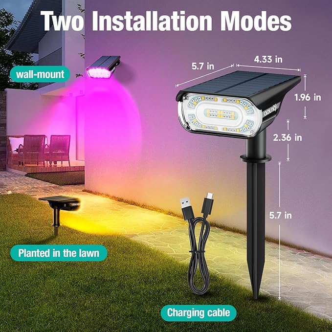 68 LEDs RGB Solar Spot Lights, 1000 Lumens 9 Lighting Modes Color Changing Solar Outdoor Lights, IP67 Waterproof 2-in-1 Landscape Garden Light for Yard Patio, 4 Pack