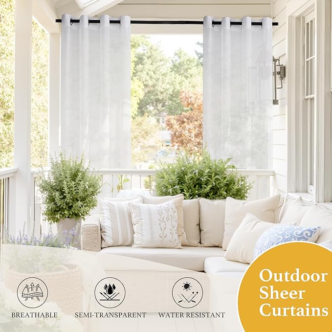 RYB HOME 2 Panels Porch Curtains Outdoor - Linen Look White Sheer Drapes Waterproof, Sun Light Glare Filter Panels for Outside Wedding Lanai Patio Balcony Terrace, W 54 x L 120 inch