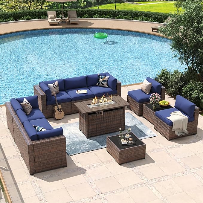 Aoxun 11 Piece Patio Furniture Set with 44” Fire Pit Table Wicker Rattan Outdoor Sectional Sofa Set with Coffee Table and 4” Thickened Cushions, Blue (Waterproof Cover Included)