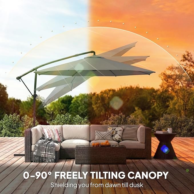 Outsunny 10 ft Offset Patio Umbrella with Cover, Round Hanging Cantilever Umbrella with 6-Position 360° Rotation, Crank Handle, Tilt, Cross Base, Heavy Duty Outdoor Umbrella for Garden