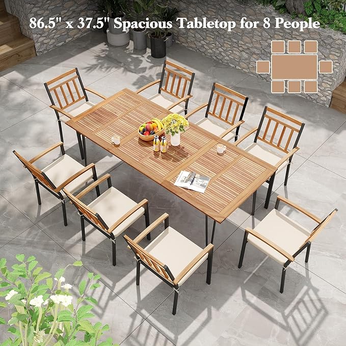 Tangkula 86.5" Large Patio Dining Table for 8, Acacia Wood 8-Person Dining Table with 2" Umbrella Hole & Metal Legs & Adjustable Foot Pads, Rectangular Outside Table for Garden, Poolside & Backyard