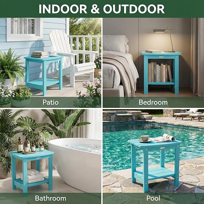 Y&M Outdoor Side Table, HIPS Adirondack Small Double Layer Table, Waterproof Square Outside Table, Balcony End Tables for Patio, Pool, Porch, Deck, Indoor or Outdoor Use, Light Blue