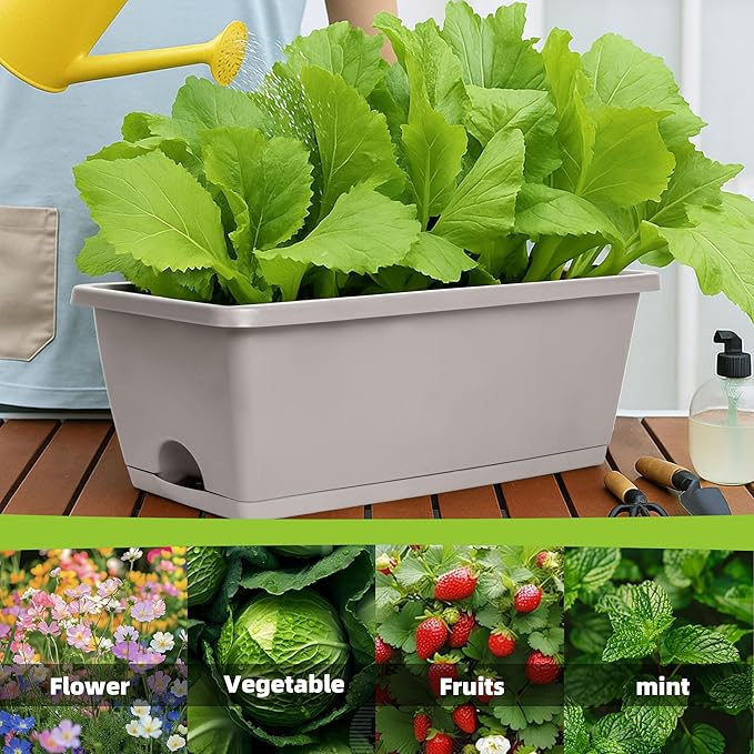 Window Box Planter, 12 Pack Plastic Vegetable Flower Planters Boxes 17 Inches Rectangular Flower Pots with Saucers for Indoor Outdoor Garden, Patio, Home Decor (Brick RED) (French Grey)