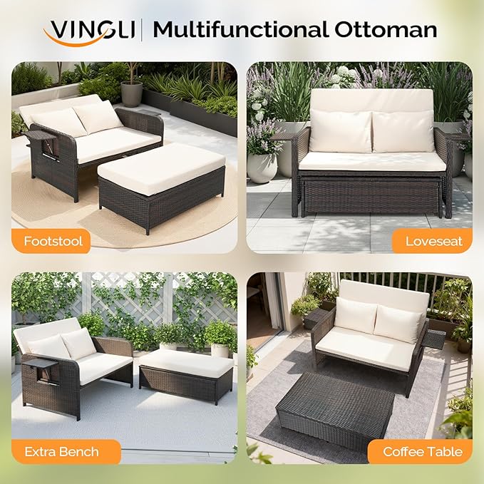 VINGLI Patio Daybed, Wicker Outdoor Daybed with Storage Ottoman & 5-Level Adjustable Backrest, All-Weather Rattan Cushioned Patio Loveseat Sofa for Garden Balcony Backyard (Beige, Brown)
