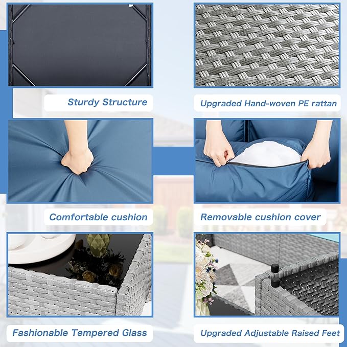 Shintenchi 7 Pieces Outdoor Patio Furniture Sets, Patio Sectional Sofa Couch, Silver Gray PE Wicker Furniture Modular Patio Conversation Sets Patio Sofa with Washable Cushions (Aegean Blue)