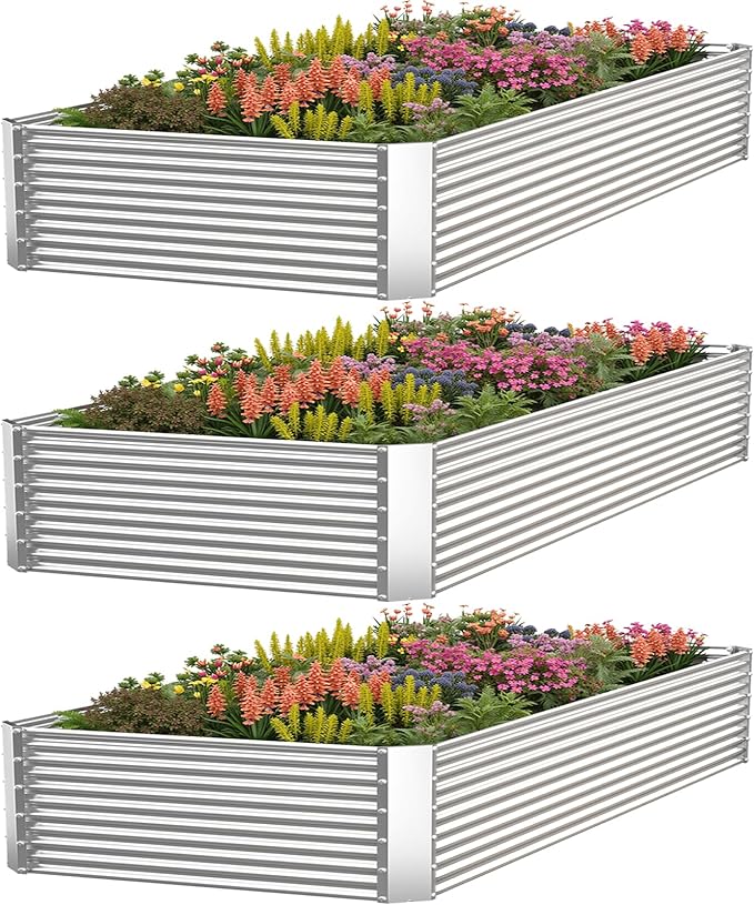 3 Pack Corrugated Galvanized Steel Raised Garden Bed Outdoor, Metal Above Ground Garden Bed for Vegetables and Flowers, Rectangle Raised Beds for Gardening-4x2FT