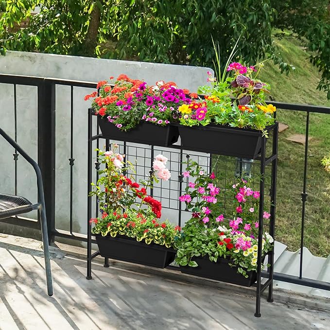OYEAL Raised Garden Bed 32" Tall Elevated Planter Boxes with Trellis & Legs, Standing Herb Garden Planter Outdoor for Gardening, Vegetables, Flowers, Herbs, Backyard, Black