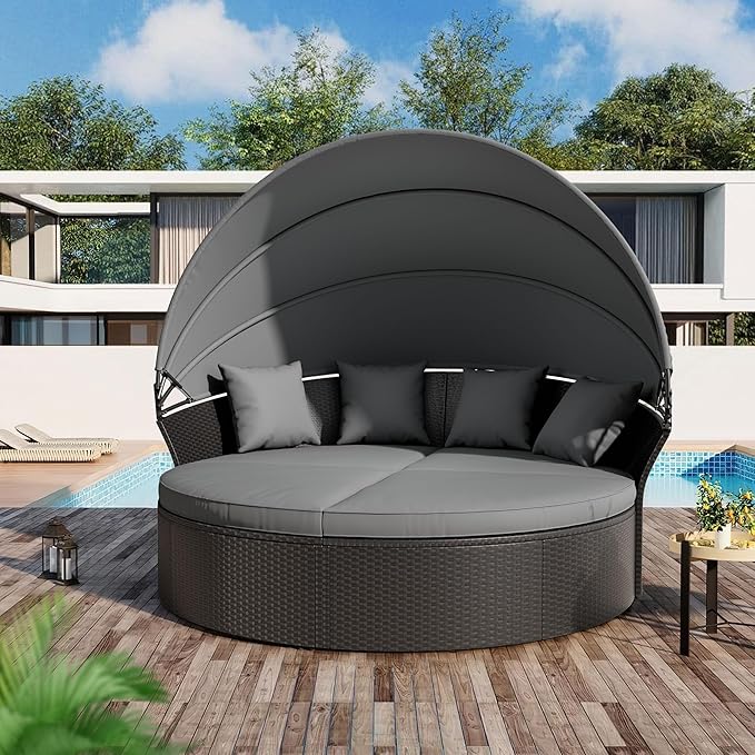 Crownland Outdoor Round Daybed with Retractable Canopy, Patio Daybed with Washable Cushions, Clamshell Sectional Seating, Black Wicker Furniture for Garden, Patio, Pool (Grey,Gray)