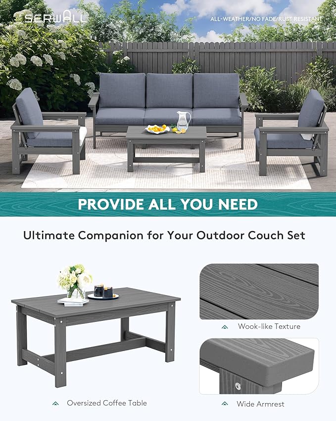SERWALL HDPE Patio Conversation Set, 6-piece Sectional Outdoor Furniture Set, All Weather Outdoor Couch Set Patio Furniture Set for Deck, Lawn, Blue Frame with Grey Cushion