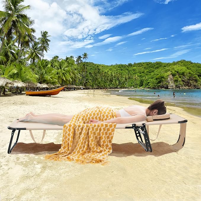GYMAX Tanning Chair, 350lbs Beach Lounge Chair with Face Hole, Washable Pillow & Carry Strap, Adjustable Folding Chaise Lounge, Layout Lounger for Outside, Patio, Poolside, Lawn (2, Beige)