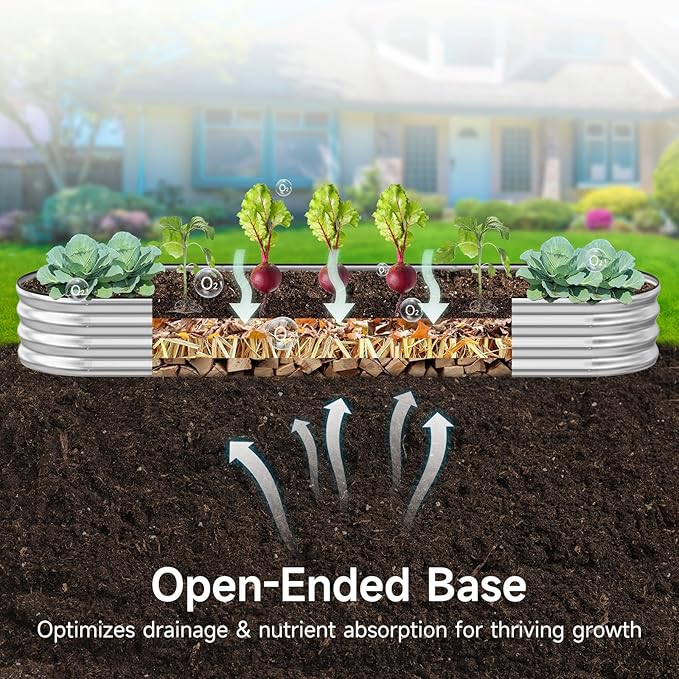 GreatBuddy Galvanized Raised Garden Bed 8×2×1ft, Easy Assembly Outdoor Metal Planter Boxes for Vegetables, Flower, Herb, Anti-Rust& Weather-Resistant, Oval, Silver