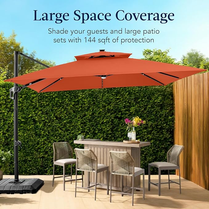 Best Choice Products 12x12ft LED Cantilever Patio Umbrella w/Base Included & 360° Rotation, Large Solar Offset Hanging Outdoor Sun Shade for Deck, Backyard Table w/Stand & Lights – Rust