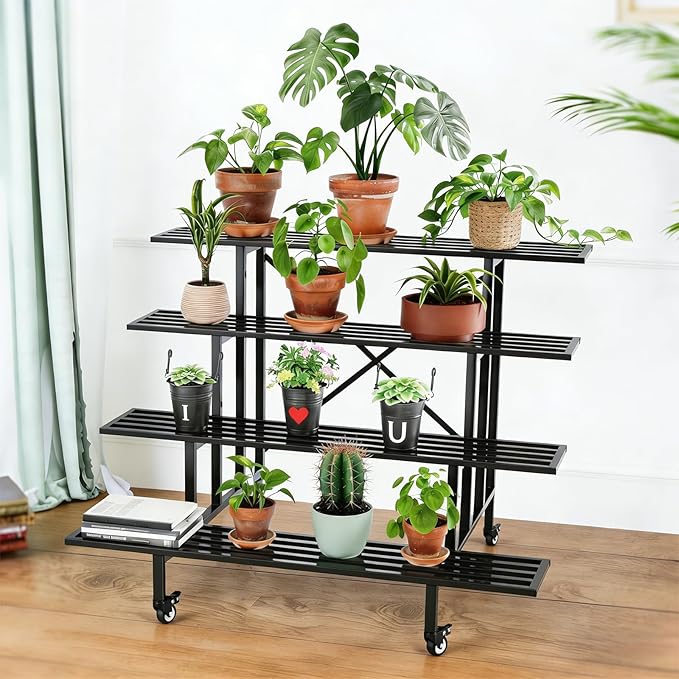 Zhongma 4 Tier Sturdy Metal Plant Stand with Wheels, L45.67 x W34.65 x H35.83 inch, Heavy Duty Plant Holder for Home Indoor and Outdoor, 880 LBS Capacity & Heavy Duty Construction