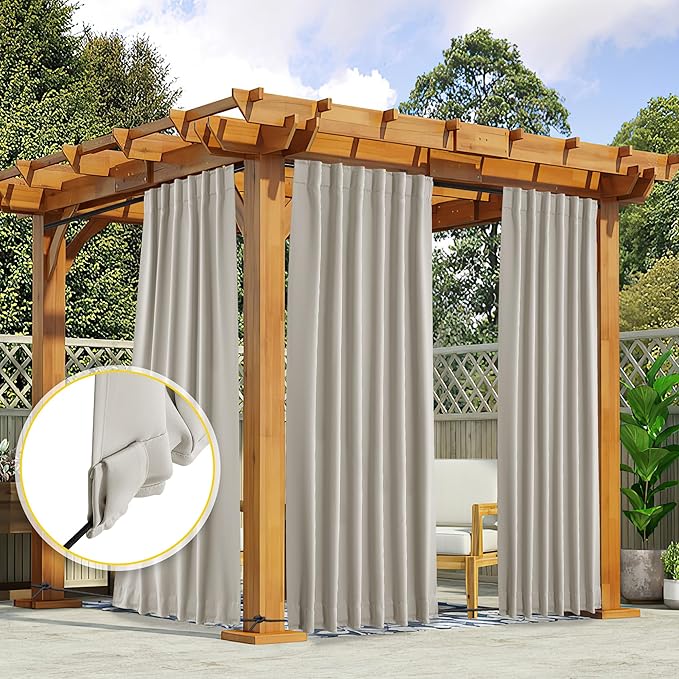 NICETOWN 2 Panels Natural Gazebo Curtains Outdoor Waterproof & Windproof, Top & Bottom Rod Pocket & Back Tab Windproof Privacy Outdoor Curtains Blackout Blinds with Fixed Rope for Patio, W52 x L95