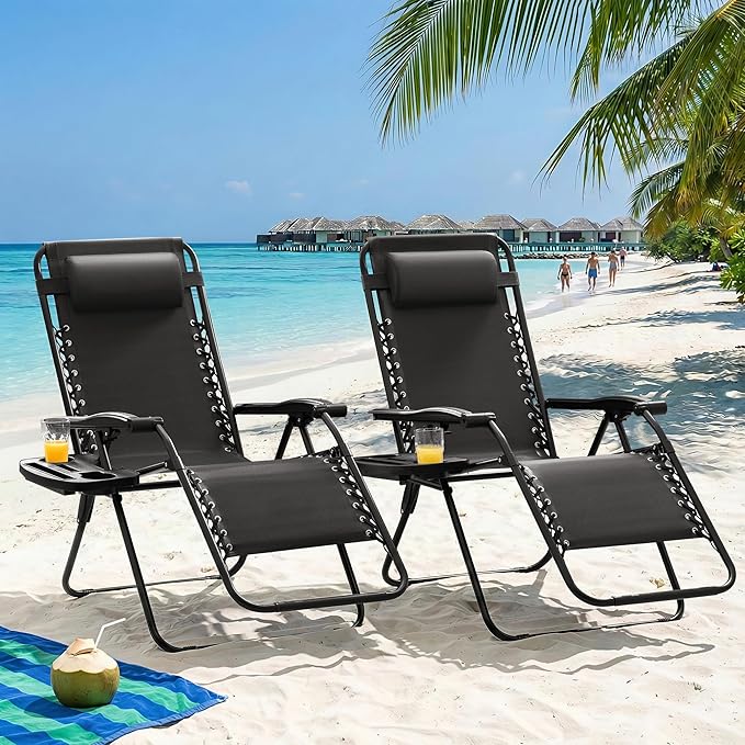 Homall Zero Gravity Chair Patio Folding Lawn Outdoor Lounge Gravity Camp Reclining Lounge Chair with Cup Holder Pillows for Poolside Backyard and Beach Set of 4 (Black)