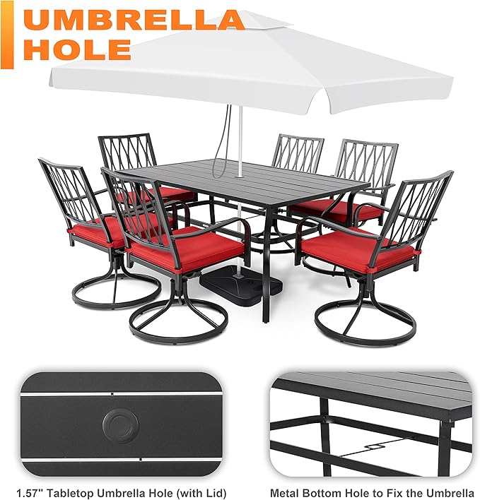 NUU GARDEN 7 Piece Outdoor Dining Set Rectangle Iron Patio Table with Umbrella Hole and 6 Swivel Chairs with Cushions Outdoor Furniture Set for Garden Backyard Black and Red
