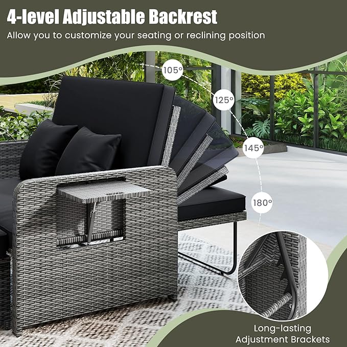 Tangkula Patio Rattan Daybed with 4-Level Adjustable Backrest, Outdoor PE Wicker Loveseat with Storage Ottoman & Folding Side Table, Double Sunbed for Balcony, Backyard & Poolside, Black & Grey