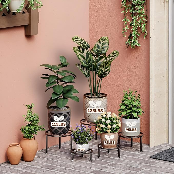5 Pack Plant Stand Metal Flower Pot Stand Holders Indoor Tall Plant Rack Plant Round Black Plant Shelf For Living Room, Garden, Balcony