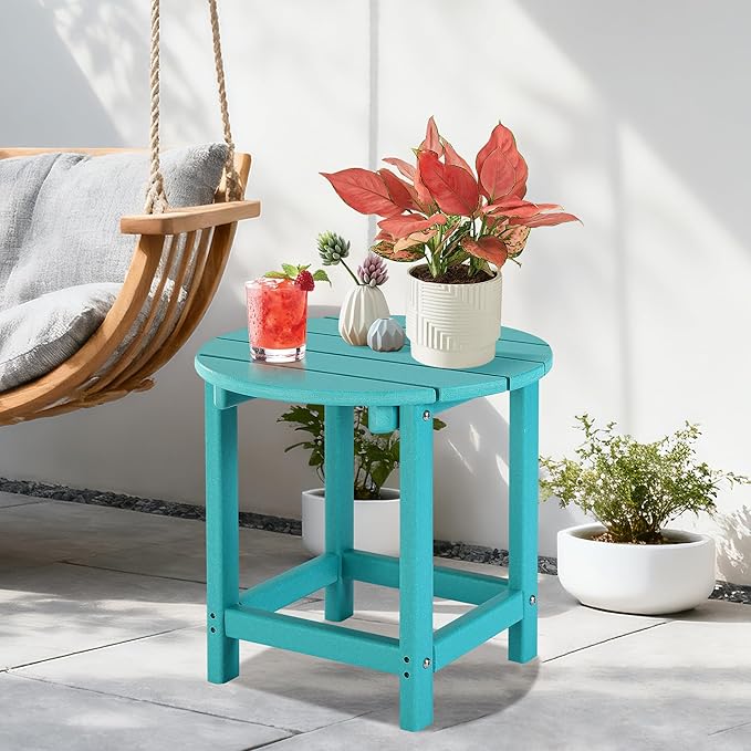 LZRS Round Adirondack Patio Side Table End Table, Outdoor Side Tables for Patio, Backyard,Pool, Indoor Companion, Easy Maintenance & Weather Resistant(Turquoise)