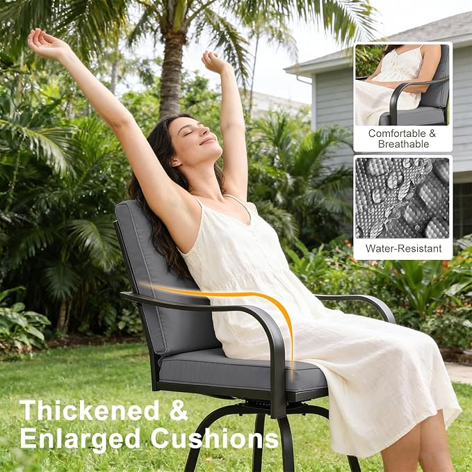 Patio Swivel Bar Stools Set of 4, Outdoor Bar Height Swivel Chairs with Cushions for Garden Balcony Backyard, Grey