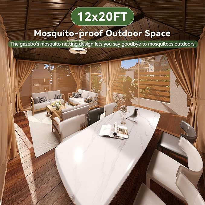 Aoxun 10x12 Gazebo Outdoor Hardtop Gazebo with Double Galvanized Steel Roof Metal Frame Pavilion with Breathable Netting and Privacy Curtain for Backyard (Brown)