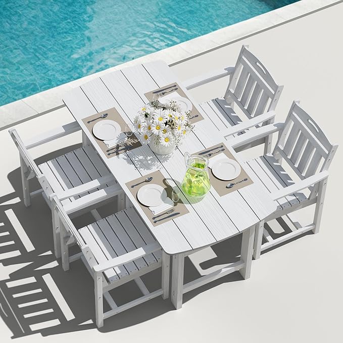 HDPE Outdoor Patio Dining Set with Table & 4 Chairs, All-Weather 5-Piece Outdoor Table and Chairs, 2" Umbrella Hole, Patio Furniture for Garden, Backyard, Deck | White