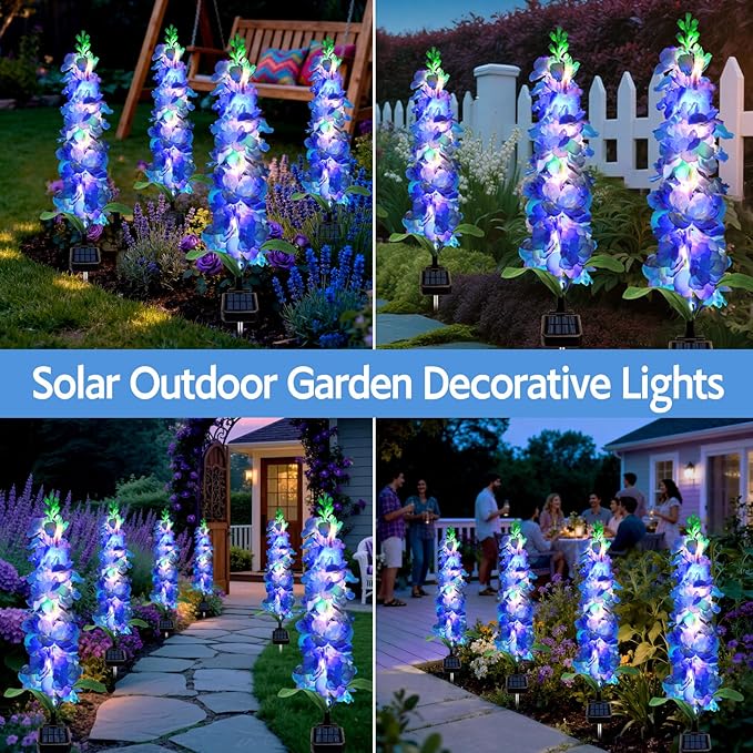 Solar Garden Lights, Solar Blue Delphinium Flowers Lights 4 Pack 80 LEDs, Waterproof Outdoor Light Two Lighting Modes for Outside Wedding Party Garden Yard Patio Lawn Decor