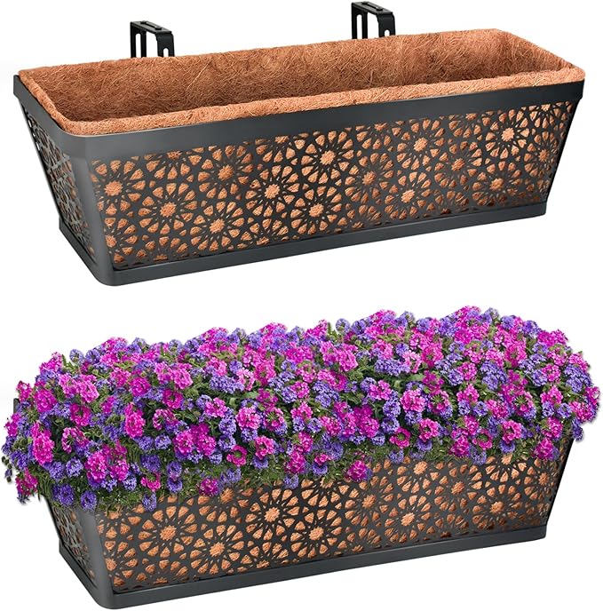 Halatool 24 Inch Window Box with Coco Liner, 2 Pack Sturdy Metal Flower Railing Planter with Coco Coir Basket Liners for Window Deck Fence Porch Balcony and Patio Outdoor Indoor Lawn