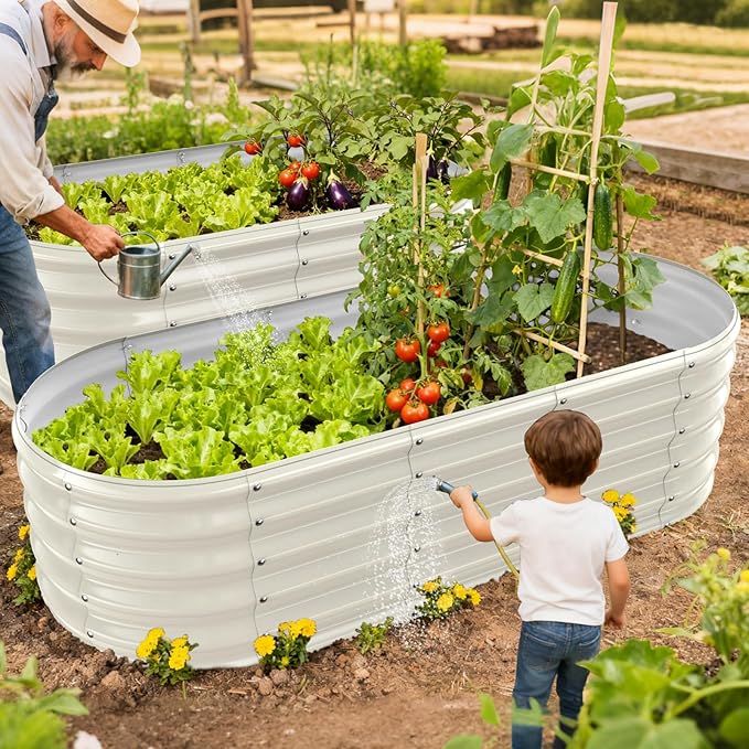 17" Tall Outdoor Garden Raised Garden Bed Kits, 5ft X 2ft Oval,0.8MM Thick Metal Raised Planter Bed/Ground Planter Box for Variety of Flowers,Herbs,Vegetables (Cream White, 60X24X16.5 Inches)