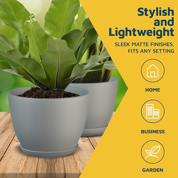 Gray Plant Pots with Drainage Holes & Saucers 15 Pack, Indoor & Outdoor Stackable Space-Saving Planters for Houseplants & Flowers, (7", 6.7", 6", 5.3", and 4.8" Inches), Durable & Weatherproof