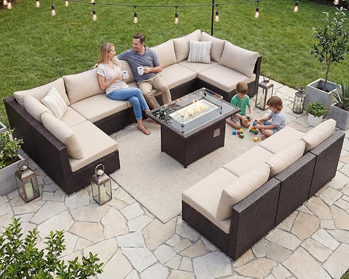 NICESOUL Modern Luxury Outdoor Patio Sectional Furniture Set with Fire Pit Table, Large Size PE Brown Wicker 29.3'' High Back Conversation Set with Natural Gas/Propane Fireplace, 11 Pieces 10 Seats