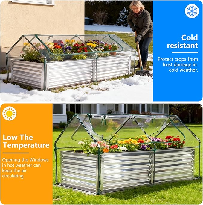 DUMOS Raised Garden Bed with Cover, 6x3x2ft Planter Box Outdoor for Deep-Rooted Herbs/Flowers/Vegetables, Large Metal Garden Bed Mini Greenhouse for Patio, Balcony and Backyard, Silver