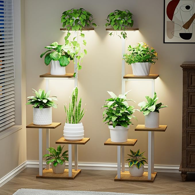 LATIBELL Plant Stand Indoor with Grow Light - 2 Pack Metal Plant Shelf for Indoor Plants Multiple, 5 Tiered Corner Plant Stand Shelves, Plant Rack Display Flower Holder for Living Room Patio (White)