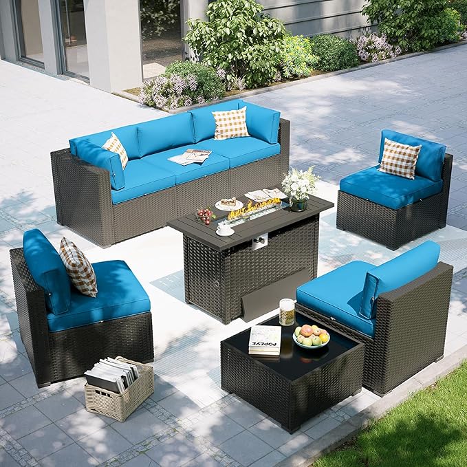 Aoxun Patio Furniture Set with Fire Pit Table, 8 Piece Outdoor Sectional Sofas, Wicker Rattan Outdoor Furniture with Thickened Cushion for Backyard, Garden Peacock Blue