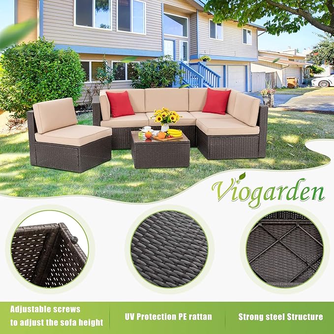 Vongrasig 6 Piece Patio Furniture Set, Small Outdoor Sectional Sofa Couch, All Weather PE Wicker L-Shaped Corner Patio Sofa Garden Backyard Patio Conversation Set w/Glass Table, Beige