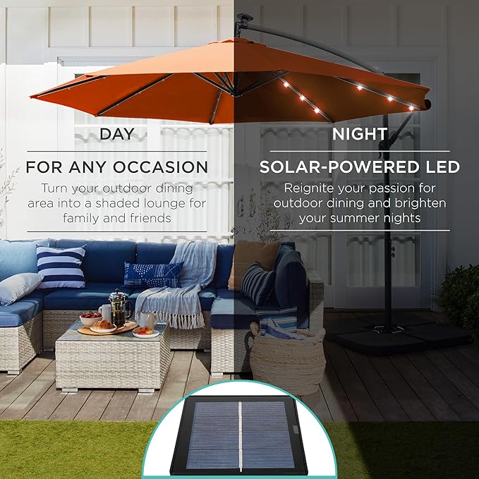 Best Choice Products 10ft Solar LED Offset Cantilever Hanging Market Patio Umbrella, 8 Sturdy Ribs, Easy Adjustment - Orange