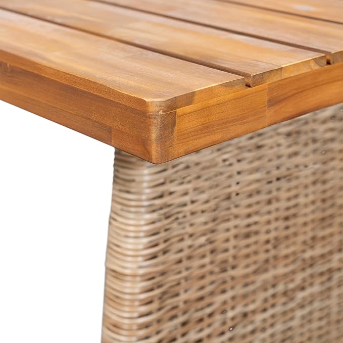 Christopher Knight Home Pasco Acacia Wood Outdoor Dining Table Set for 6, Wicker Patio Dining Set with Acacia Wood Table and Bench, Patio Table and Chair Set with Cushion+Rope Backrest,Brown+Teak+Grey
