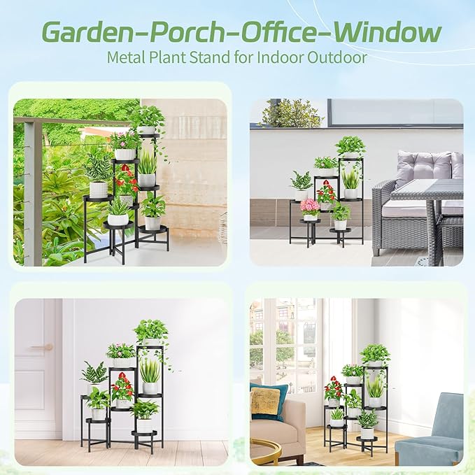 iDavosic.ly Plant Stand Indoor Outdoor, 7 Tier Corner Metal Flower Display Holder Shelf, Easy Assembly Folding Tall Orchid Rack for Patio Balcony Porch Garden Living Room House, Black
