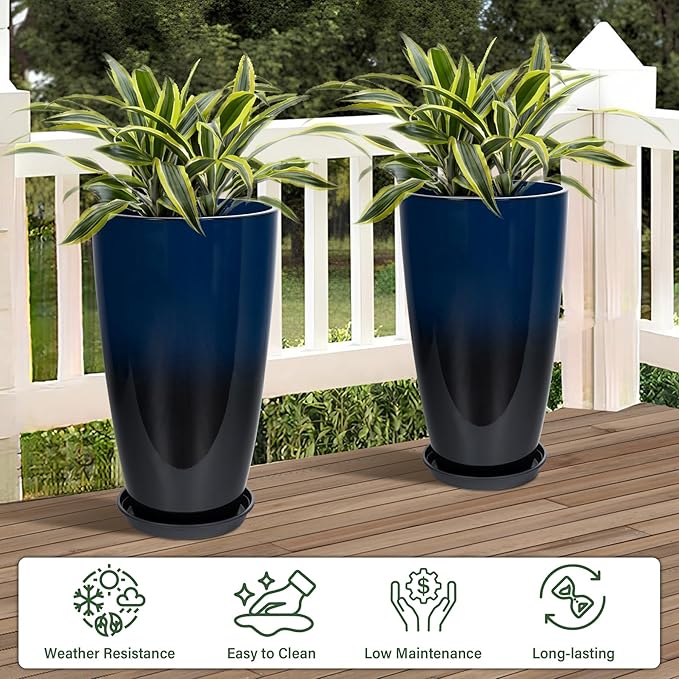 Set of 2 Lightweight Ceramic-Look Tall Planter, 21 inch Large Plastic Planter with Drain Hole & Saucers, Large Outdoor Planters for Porch, Garden, Patio, Balcony(Dark Blue)