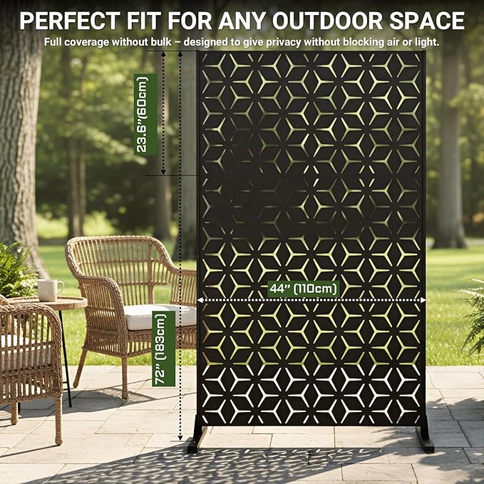 6FT Metal Privacy Screen Outdoor – Decorative Laser Cut Privacy Fence Panel for Patio, Deck & Garden, Rustproof Steel Privacy Divider, Modern Geometric Design, Freestanding Outdoor Privacy Screen