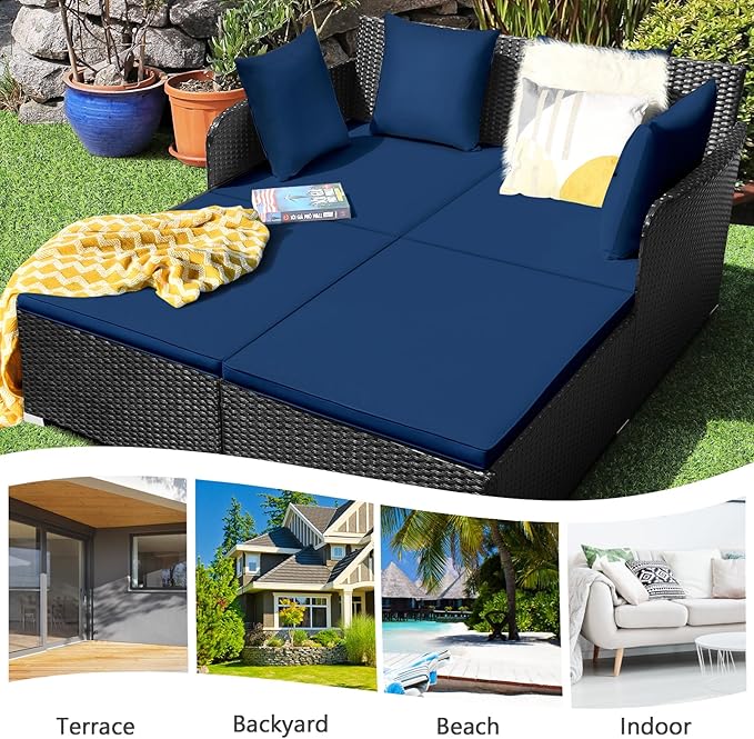 COSTWAY Outdoor Patio Rattan Daybed, Sponge Cushioned Loveseat Sofa with 4 Pillows, Wicker Furniture Sunbed for Balcony, Courtyard (Navy Blue)