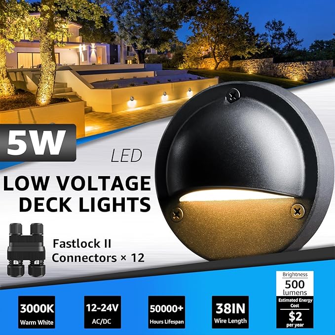 SUNVIE 5W LED Low Voltage Deck Lights with Fastlock2 Wire Connectors 12-24V AC/DC Low Voltage Landscape Lighting 3000K Warm White Step Lights Outdoor IP65 Waterproof for Deck Steps Fence Post, 12 Pack