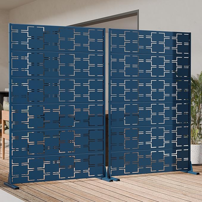 Casaphoria Metal Privacy Screen Outdoor, 72" H x 47" W Freestanding Decorative Privacy Screen for Patio Deck Balcony Garden with Stable Base, Blue-Square
