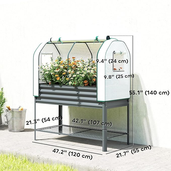 Outsunny Galvanised Raised Garden Bed with Greenhouse Cover, Metal Elevated Garden Bed with Legs, Bed Liner and Bottom Shelf, Outdoor Raised Planter Box for Vegetables, Herbs, Flowers, Dark Gray