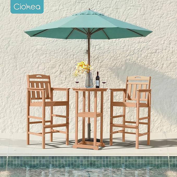 Ciokea 3-Pcs Bistro Table and Chairs, All-Weather Round High Top Bar Table with Storage Shelf and 2 Oversized Adirondack Chairs, Heavy Duty Outdoor Bar Set Patio Bistro Set for Balcony Deck, Teak