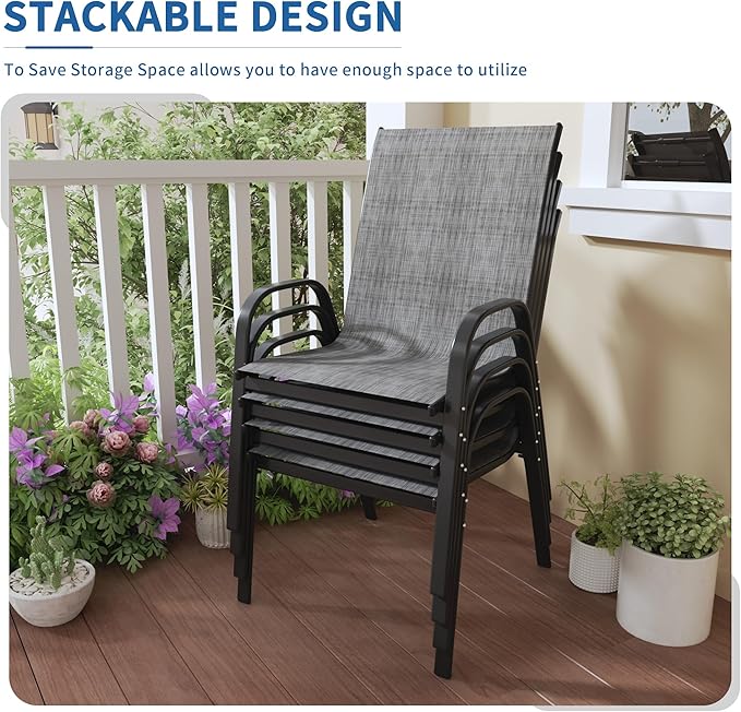 PIZZELLO Patio Chairs Set of 4, Outdoor Stackable Dining Chairs for All Weather, Lightweight Textilene Outdoor Chair Sets with Armrests, 330Lbs Capacity, for Backyard Porch Poolside Garden (Grey)