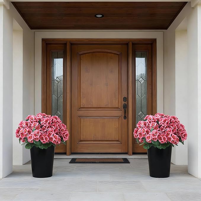2 Pack Artificial Geranium Flowers Topitary Trees for Outdoors, UV Resistant Geraniums Potted Bushes Look Real Silk Faux Plants for Front Door Garden Porch Planter Farmhouse Home Decor (Peach Red)