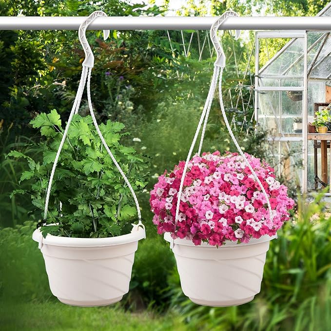 VIDELLY 4 Pieces Plastic Hanging Planters, 5.9 in Dia x 3.54 in H, Flower Plant Basket Pots Chain Holder Garden Decoration for Indoor and Outdoor Use, Beige White & Red